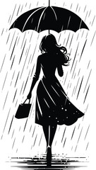 A girl walking with an Umbrella on a rainy day silhouette Vector Illustration isolated on a white background