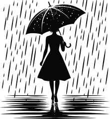 A girl walking with an Umbrella on a rainy day silhouette Vector Illustration isolated on a white background