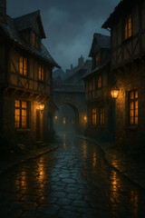 An atmospheric old street at night, featuring glowing lights that enhance the charm of the historic surroundings.