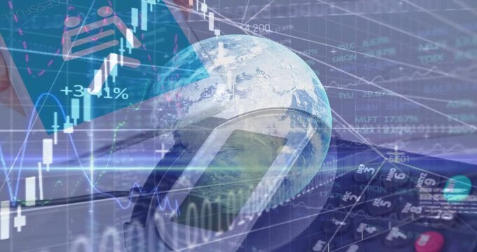 Overlay appearing, charts fluctuating beside rotating globe and POS terminal showing market trends