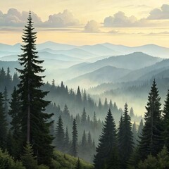 Lush Green Forest in Morning Mist