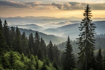 Lush Green Forest in Morning Mist