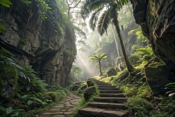 Lush Green Forest in Morning Mist