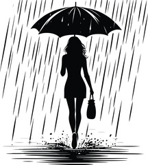 A girl walking with an Umbrella on a rainy day silhouette Vector Illustration isolated on a white background