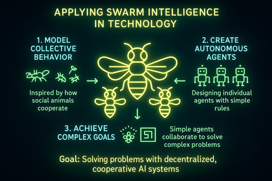 Swarm Intelligence Infographic with Collective Behavior Algorithms for AI Systems