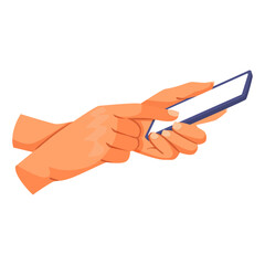 Hand holding smartphone and tapping with finger in cartoon style on white background. Concept of mobile device interaction. Vector illustration