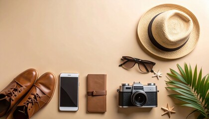 Travel Essentials: Shoes, Camera, Hat, and Accessories Arranged on Beige Surface.
