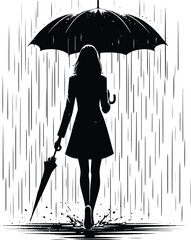 A girl walking with an Umbrella on a rainy day silhouette Vector Illustration isolated on a white background