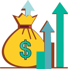 Money bag increasing value with upward arrows illustrating investment growth on white background