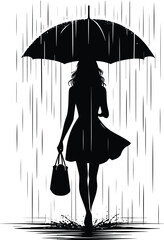 A girl walking with an Umbrella on a rainy day silhouette Vector Illustration isolated on a white background
