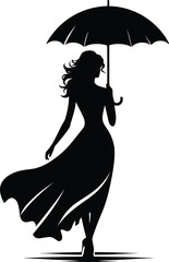 A girl walking with an Umbrella on a rainy day silhouette Vector Illustration isolated on a white background