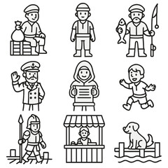 Dockside NPC Icons. Line style icons of NPCs on dock: merchant on crate, dock worker idle, fisherman character, ship captain