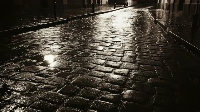 Wet cobblestone street reflecting light after rain
