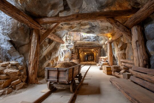 Rustic wooden mine tunnel with abandoned cart and rocky interior - Powered by Adobe