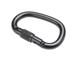 A silver metal carabiner clip with a textured surface, essential for climbing, isolated on white.