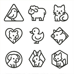 Geometric Animal Icons. Line style icons of abstract shape animal combos: triangle chick symbol, square lamb shape combo, oval