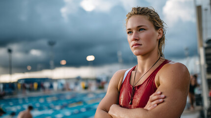 Athletic female lifeguard in red tank top and shorts, arms folded with whistle swinging gently on her chest, standing confidently at the corner of an Olympic-size pool, dramatic su