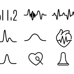 Cardiac Sound Line Icons. Line style icons of auscultation sounds and heart tones: S1 and S2 icon, heart murmur diagram, gallop