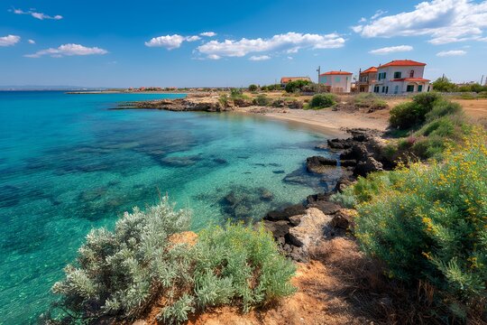 Scenic coastal mediterranean seaside with clear blue water and rocky shoreline