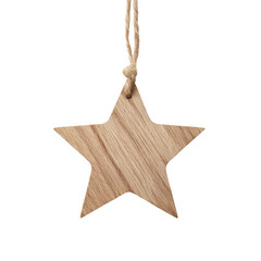 Wooden star Christmas ornament with rope hanger, rustic holiday decoration, isolated on transparent background
