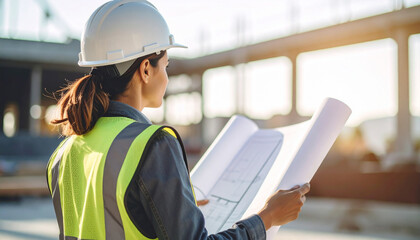 Ralistic shot of a construction worker wearing a reflective vest and helmet