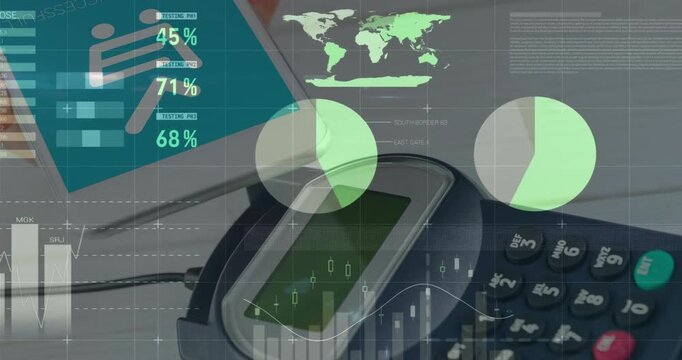 Teal overlay appearing above payment terminal animating gauges charts map table for insights