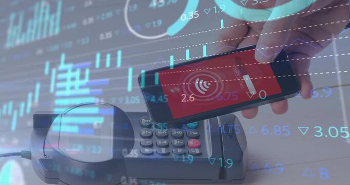 Hand holding phone with contactless icon moving above POS terminal, charts scrolling during payment