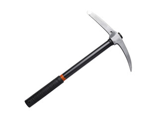 A black ice axe, a vital tool for mountaineering and ice climbing, isolated on a white background.