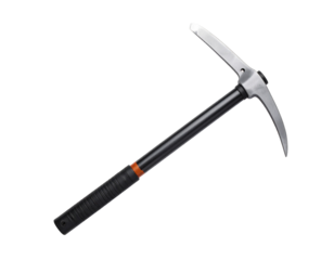 A black ice axe, a vital tool for mountaineering and ice climbing, isolated on a white background.