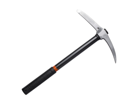 A black ice axe, a vital tool for mountaineering and ice climbing, isolated on a white background.