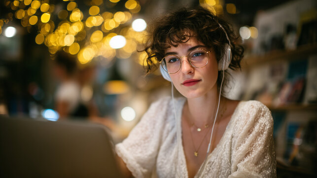 Content creator with focused gaze, glasses catching café lights, types rapidly at laptop surrounded by digital tools and planner, aesthetic workspace featuring artisan coffee, head