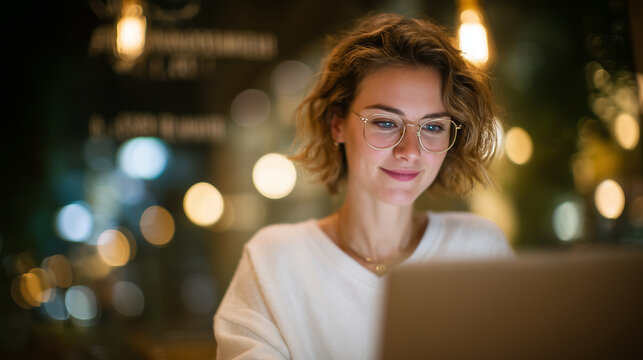 Focused copywriter woman in eyeglasses, seated at window-side cafÃ© table, fingers dancing on keyboard, glowing laptop screen, overhead Edison bulbs casting warm light, modern urban