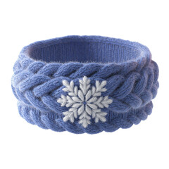 Fototapeta premium Blue knitted winter headband with snowflake embroidery, cozy cold weather accessory, isolated on transparent background 