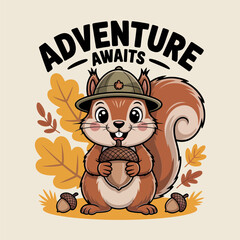 Adventure awaits card with squirrel, explorer hat, autumn leaves, playful script, printable sticker, poster design