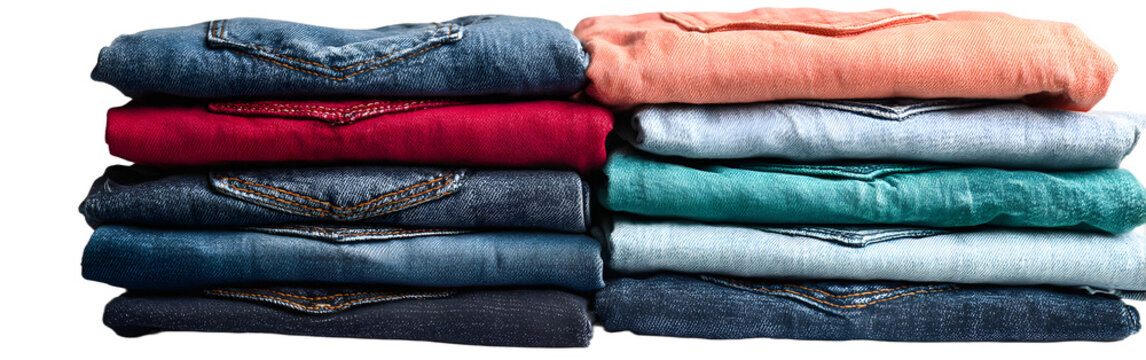 Pila de ropa vaquera limpia de diferentes colores apiladas aisladas sobre fondo transparente. Servicio de lavander&iacute;a y tareas del hogar. Tienda de ropa.