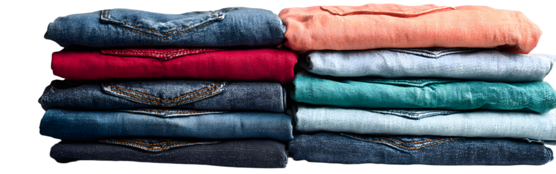 Pila de ropa vaquera limpia de diferentes colores apiladas aisladas sobre fondo transparente. Servicio de lavandería y tareas del hogar. Tienda de ropa.
