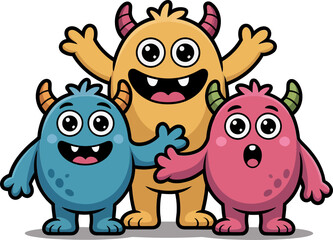 Monster friends card with cute colorful creatures, playful autumn, printable sticker, seasonal poster, fun design