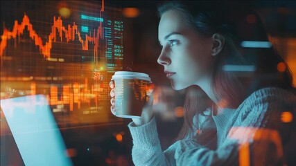 A young woman is engrossed in analyzing a stock market chart on her laptop late at night with the city lights as a backdrop. She's holding a coffee cup and appears focused on the digital screen - Powered by Adobe