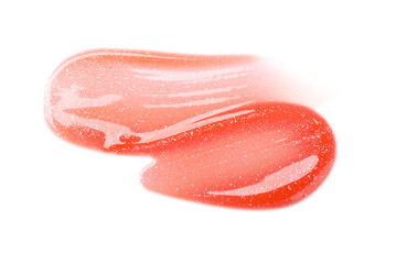 Bright coral lip gloss isolated on white, top view