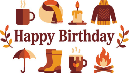 Happy birthday autumn card with cozy icons, sweater, mug, boots, fall leaves, printable sticker, seasonal poster