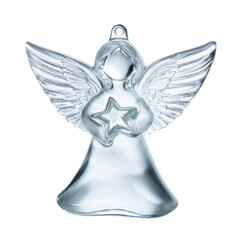 Transparent glass angel Christmas ornament holding star, elegant holiday decoration, isolated on transparent background
