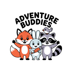 Adventure buddies card with fox and raccoon, woodland friends, playful script, printable sticker, autumn poster