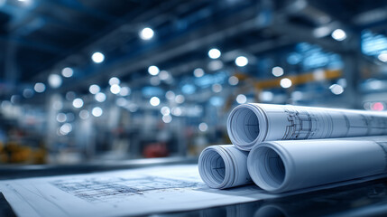 Set of architectural blueprints laid out on metallic surface, technical drafting showing complex structural diagrams, cylindrical paper rolls nearby, industrial atmosphere enhanced