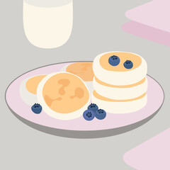 Cheesecakes on a plate with blueberries, flat cartoon drawing. Cottage cheese breakfast.