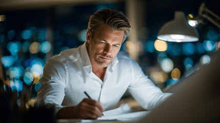 Fototapeta premium Architect in formal workwear focused intently on drawing building schematics, pen gliding over blueprint with ruler and scale guide in use, technical sketches of a modern structure