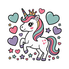 Cute unicorn surrounded by hearts and stars in pastel palette, great for greeting card, kids printable or sticker icon celebration  