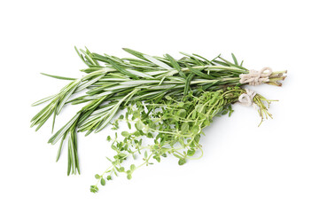 Different fresh green herbs isolated on white, top view
