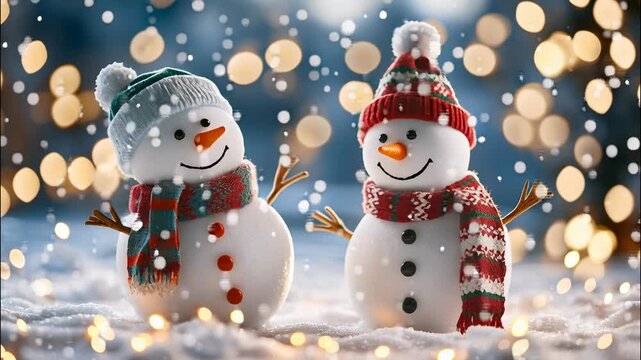 Steaming cup of video chocolate and plate of cozy cookies sit next to a smiling snowman in 4k of hot christmas fireplace a front