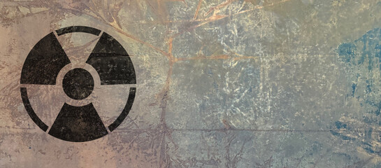 Black radioactive sign on textured background, banner design. Radiological pollution