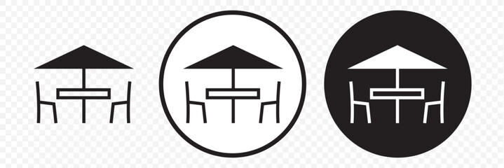 Patio table with umbrella cafe chair table umbrella set set of silhouette. patio table with umbrella cafe chair table umbrella set icon set vector on transparent background. EPS 10.